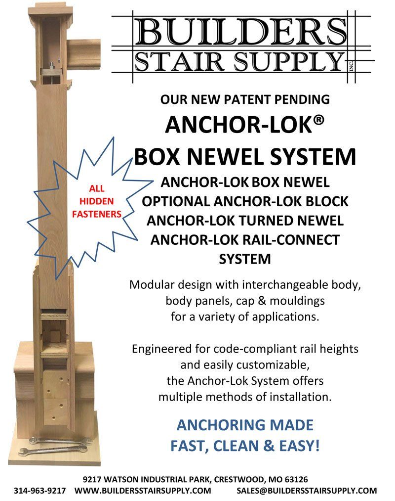 Builders Stair Supply ad for Anchor-Lok Box Newel System, with stair post diagram and product features.