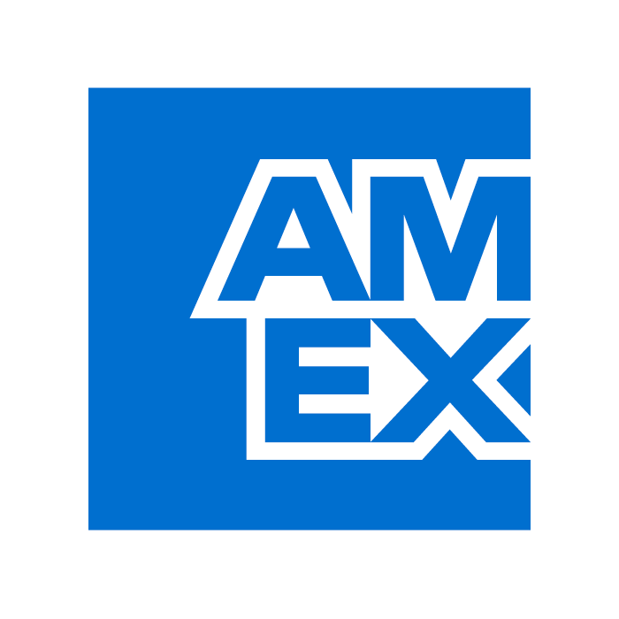AMEX logo in white letters on a blue square background