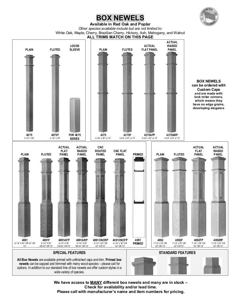 Box newel catalog sheet showing multiple stair post designs with dimensions and product images.
