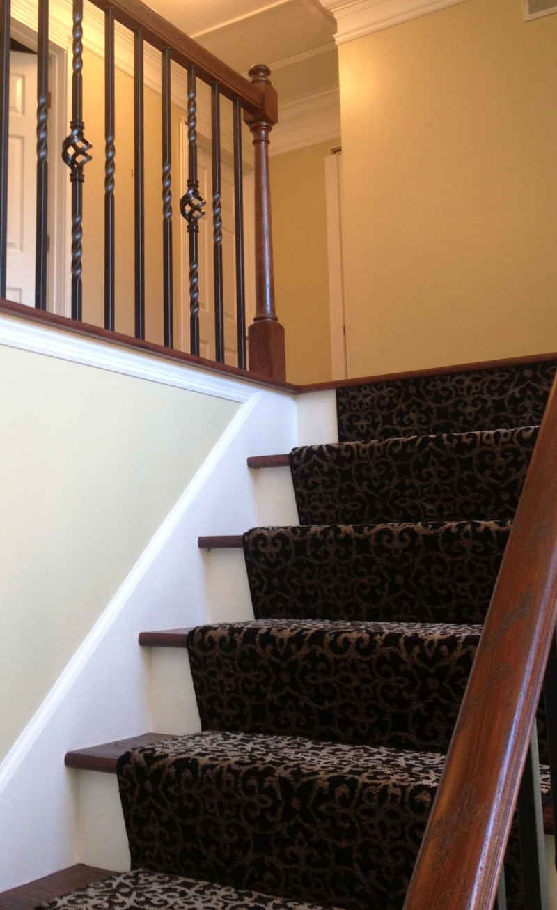 Carpeted indoor staircase with dark wood railing and beige walls