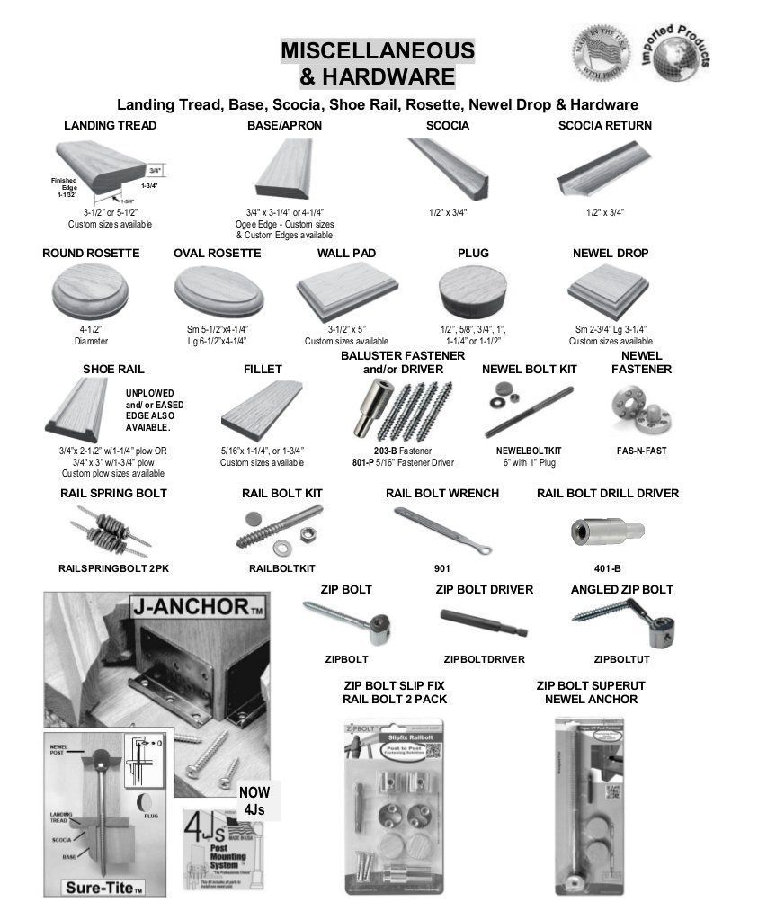 Catalog page of miscellaneous hardware tools and components arranged in labeled product photos.
