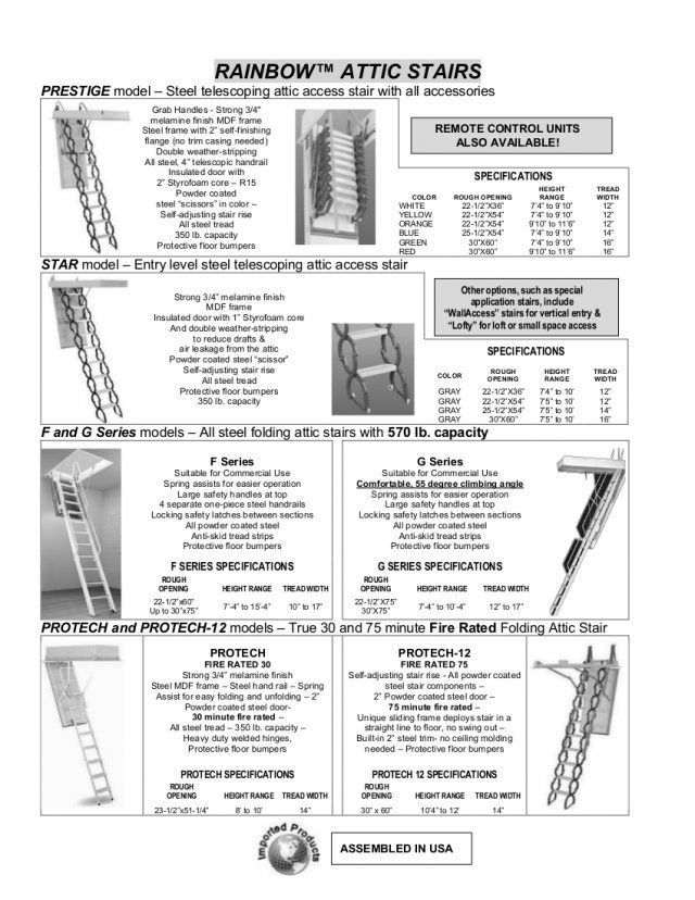 Catalog page for RainAway attic stairs, showing models, dimensions, parts, and installation diagrams