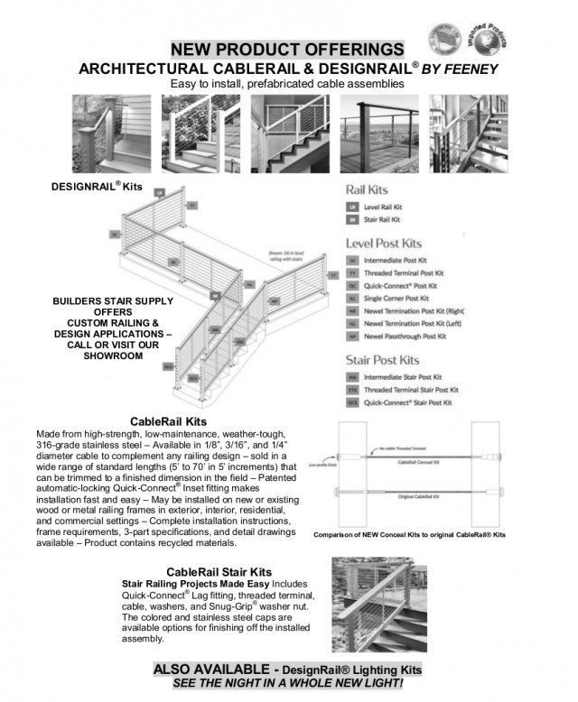 Architectural cable rail product flyer with diagrams, specs, and installation illustrations.