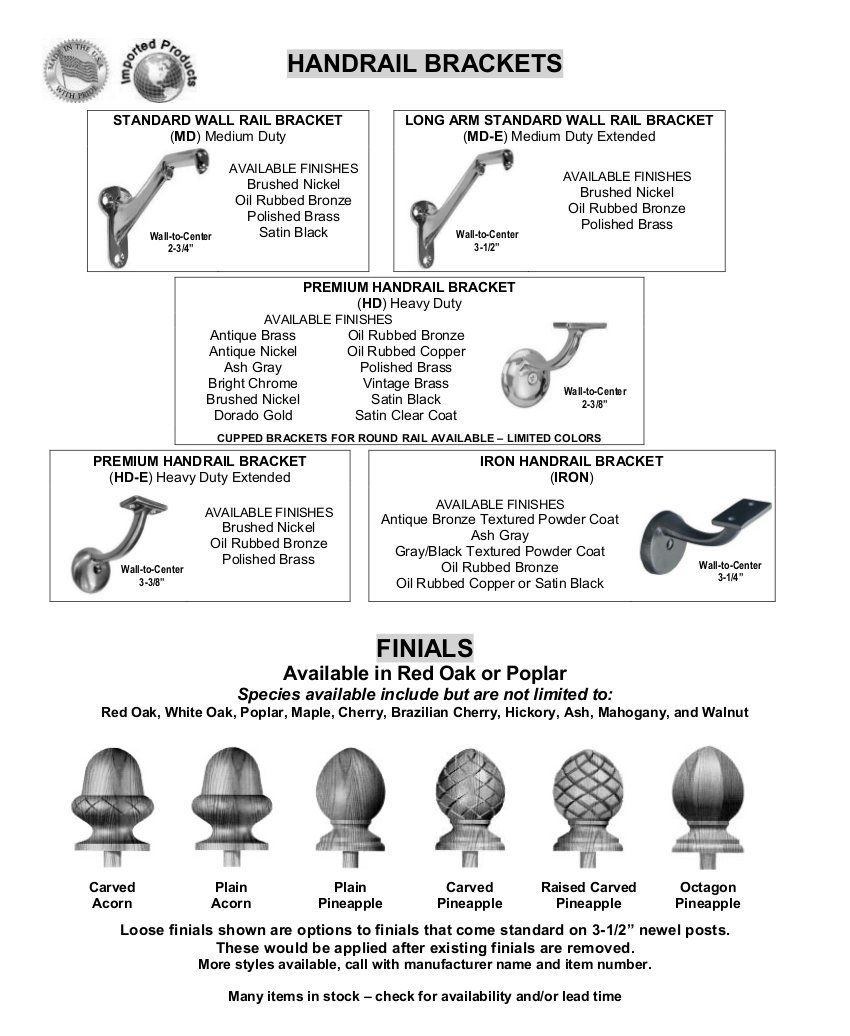 Product catalog page showing handrail brackets and decorative finials with small black-and-white diagrams.