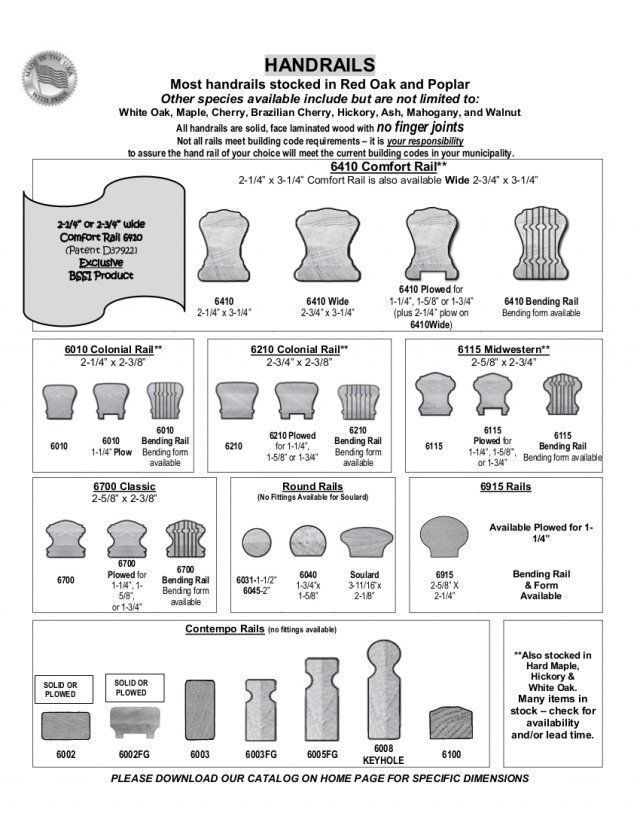Handrails chart showing various decorative rail end profiles and trim options on a white background