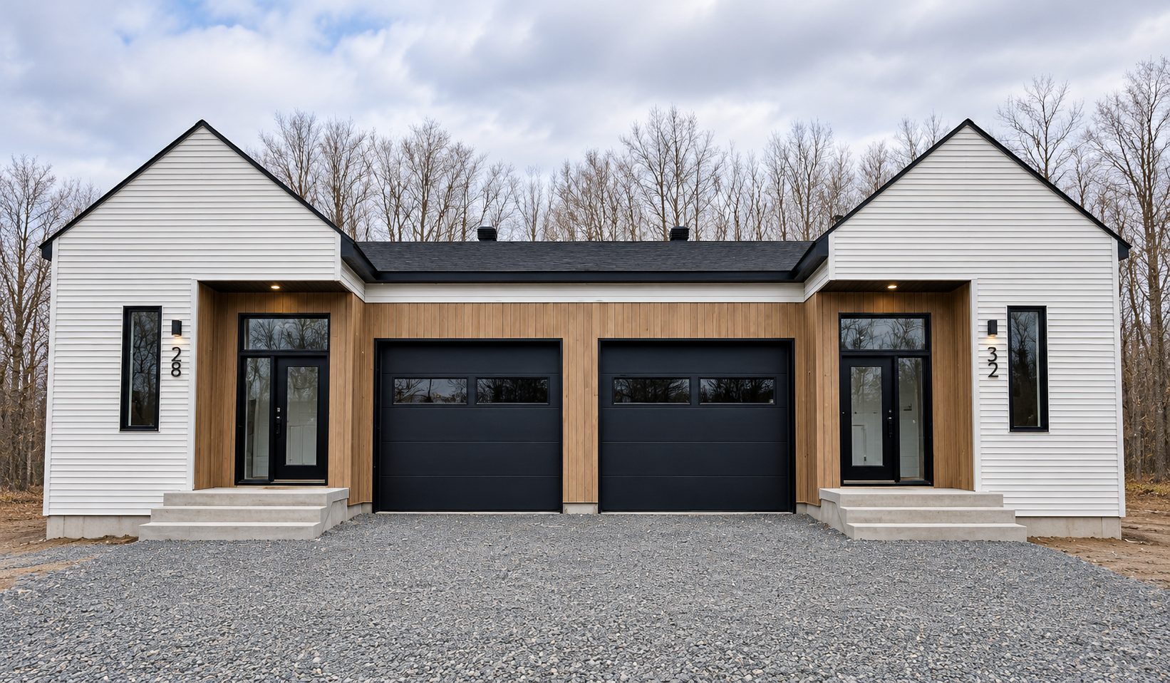 Garage moderne pour deux voitures, avec un bardage blanc, des touches de bois et deux portes de garage noires, sur un terrain en gravier