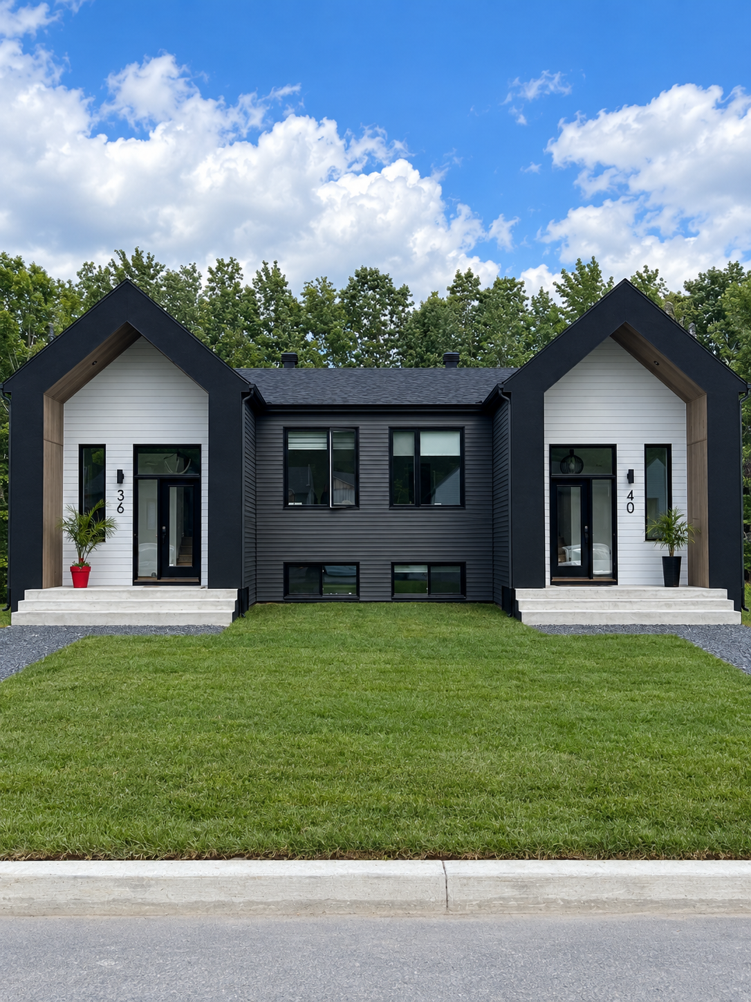 Duplex moderne noir et blanc avec deux entrées à pignon et une grande pelouse verte sous un ciel bleu.