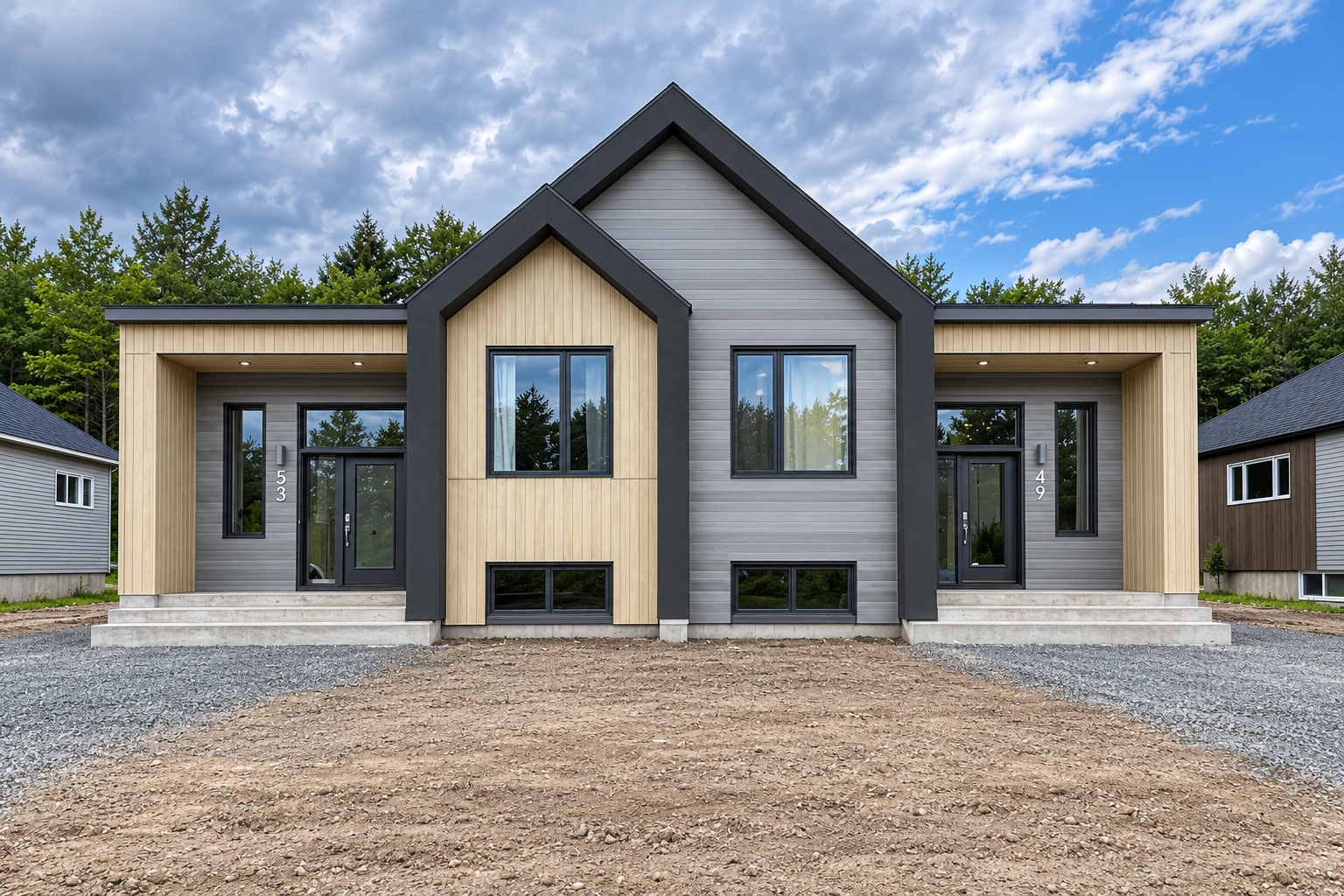 Maison moderne de plain-pied avec un bardage gris, de grandes fenêtres et une allée en gravier sous un ciel bleu