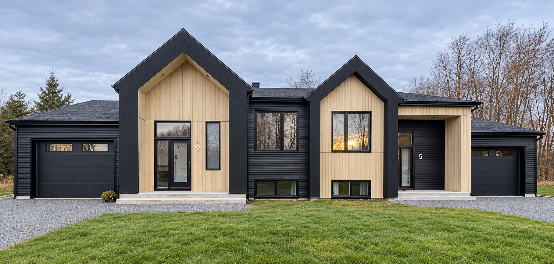Maison moderne de deux étages, noire et beige, avec un garage double et une pelouse verte
