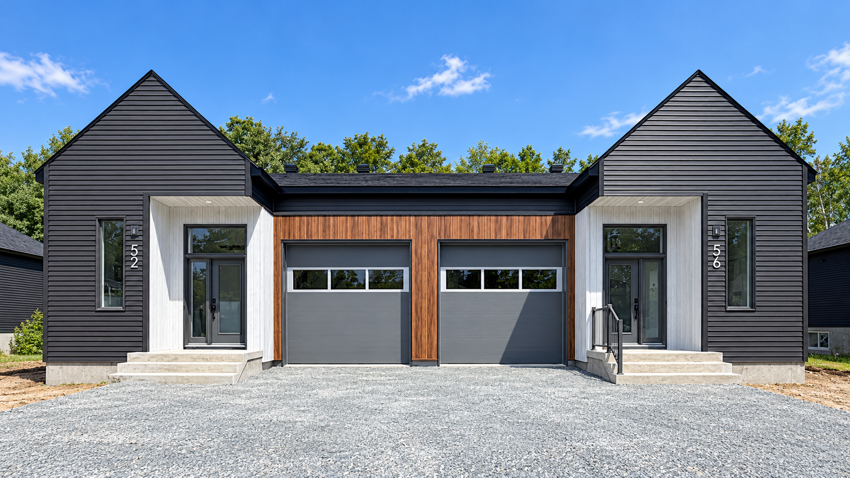 Garage double moderne avec un bardage noir, des finitions blanches et deux portes de garage grises sous un ciel bleu