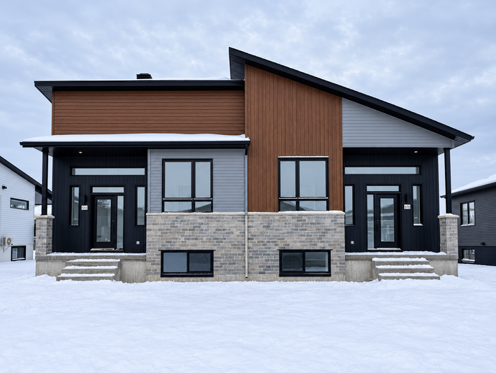 Maison duplex moderne avec bardage en bois brun, finitions noires et soubassement en pierre, dans un quartier enneigé