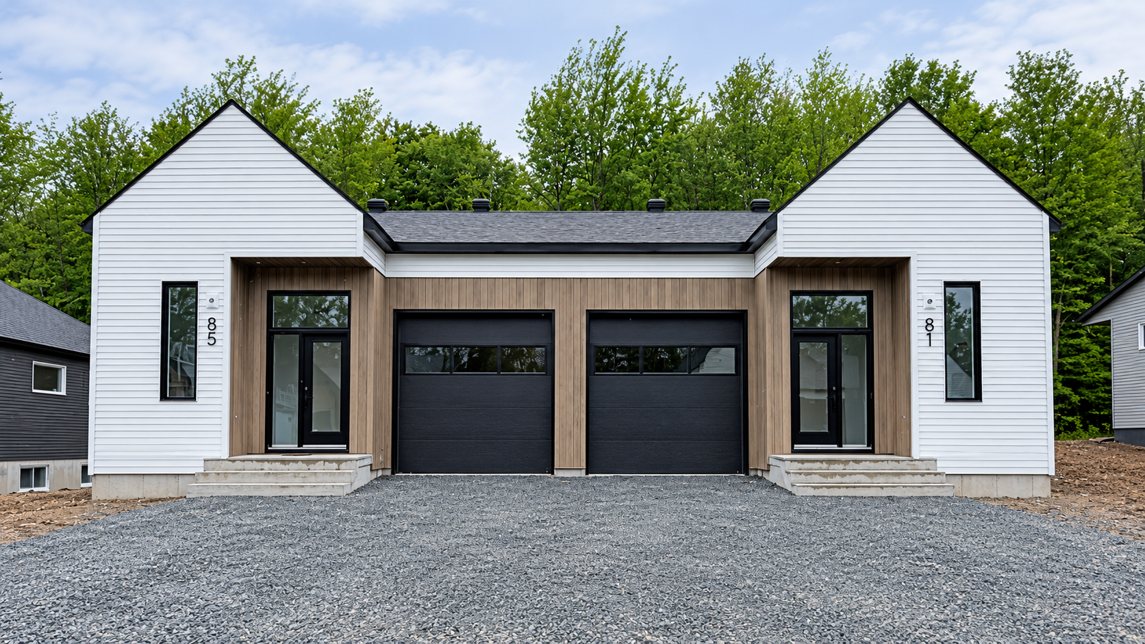 Vue de face d’une maison blanche de style duplex avec deux portes de garage noires et une allée en gravier