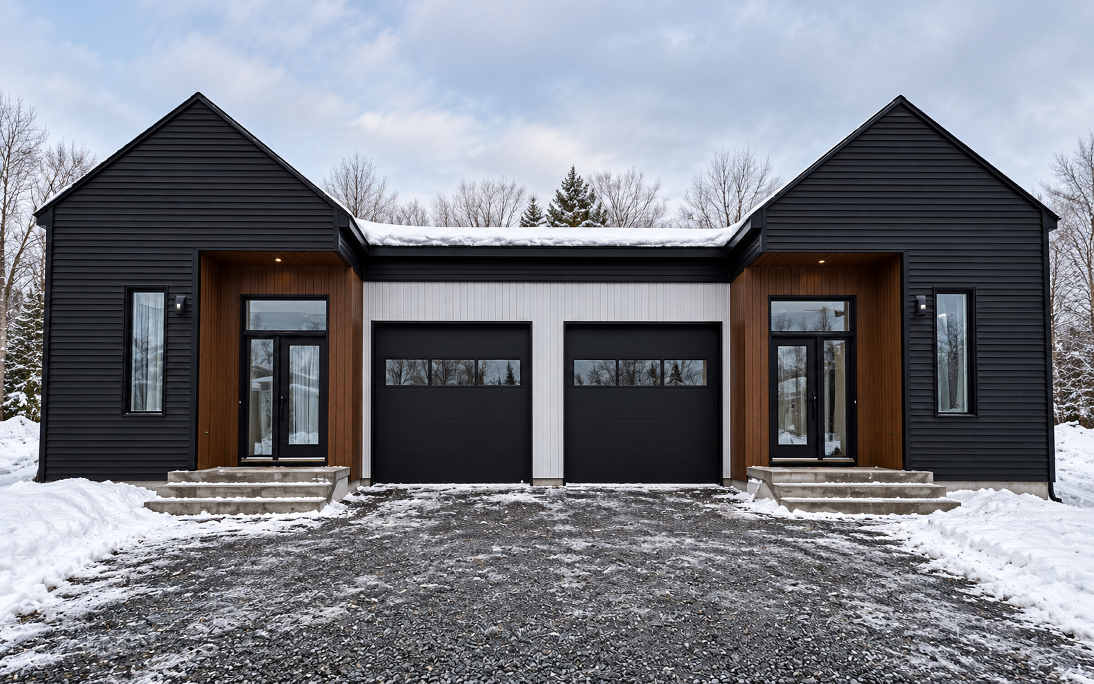 Duplex moderne noir avec deux portes de garage et une allée enneigée en hiver.