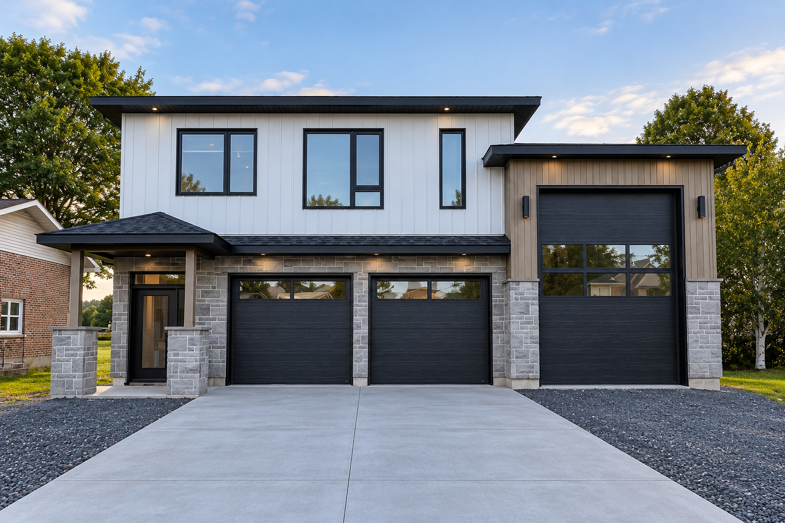 Maison moderne à deux étages, avec des portes de garage noires et une grande allée en béton au crépuscule