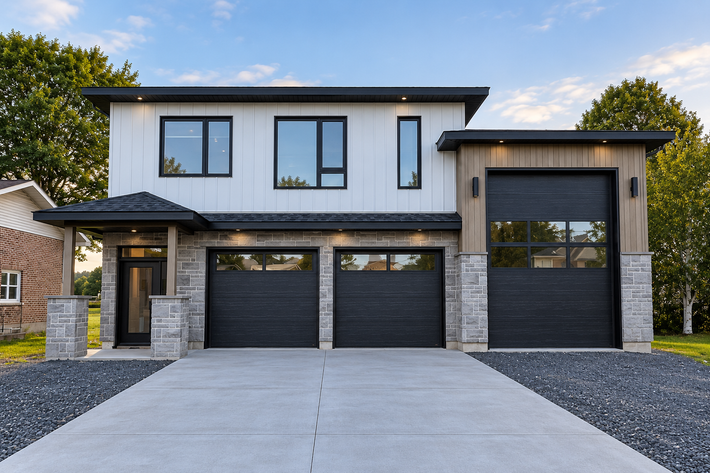 Maison moderne à deux étages avec trois portes de garage noires, des touches de pierre et une large allée en béton