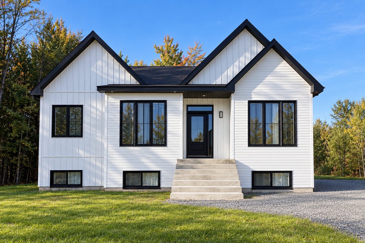 Maison blanche moderne aux bordures noires, avec des marches à l’entrée et un toit à pignon, sur une pelouse ensoleillée