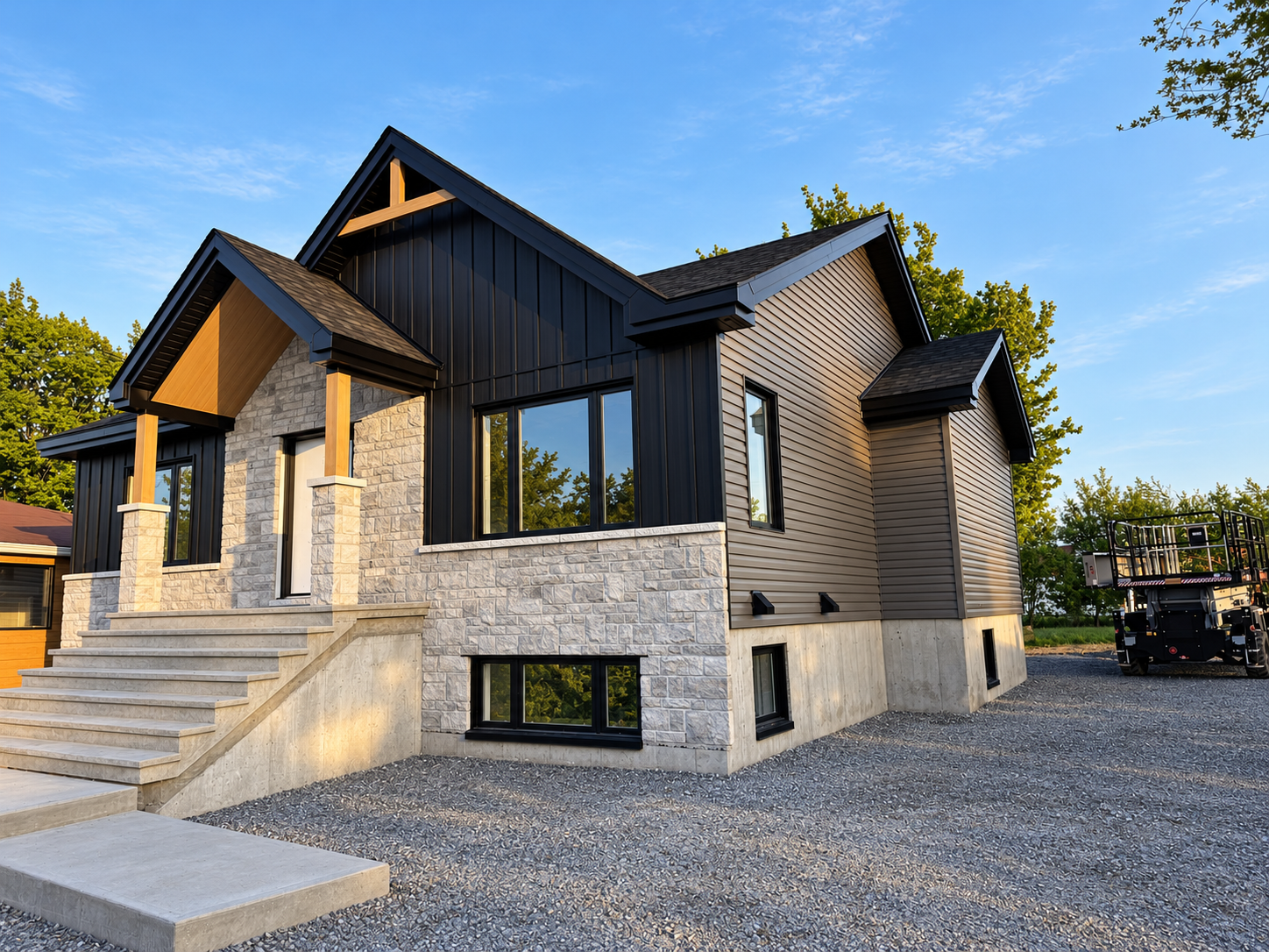 Maison moderne noire et couleur pierre, avec toit à pignons, perron et allée en gravier