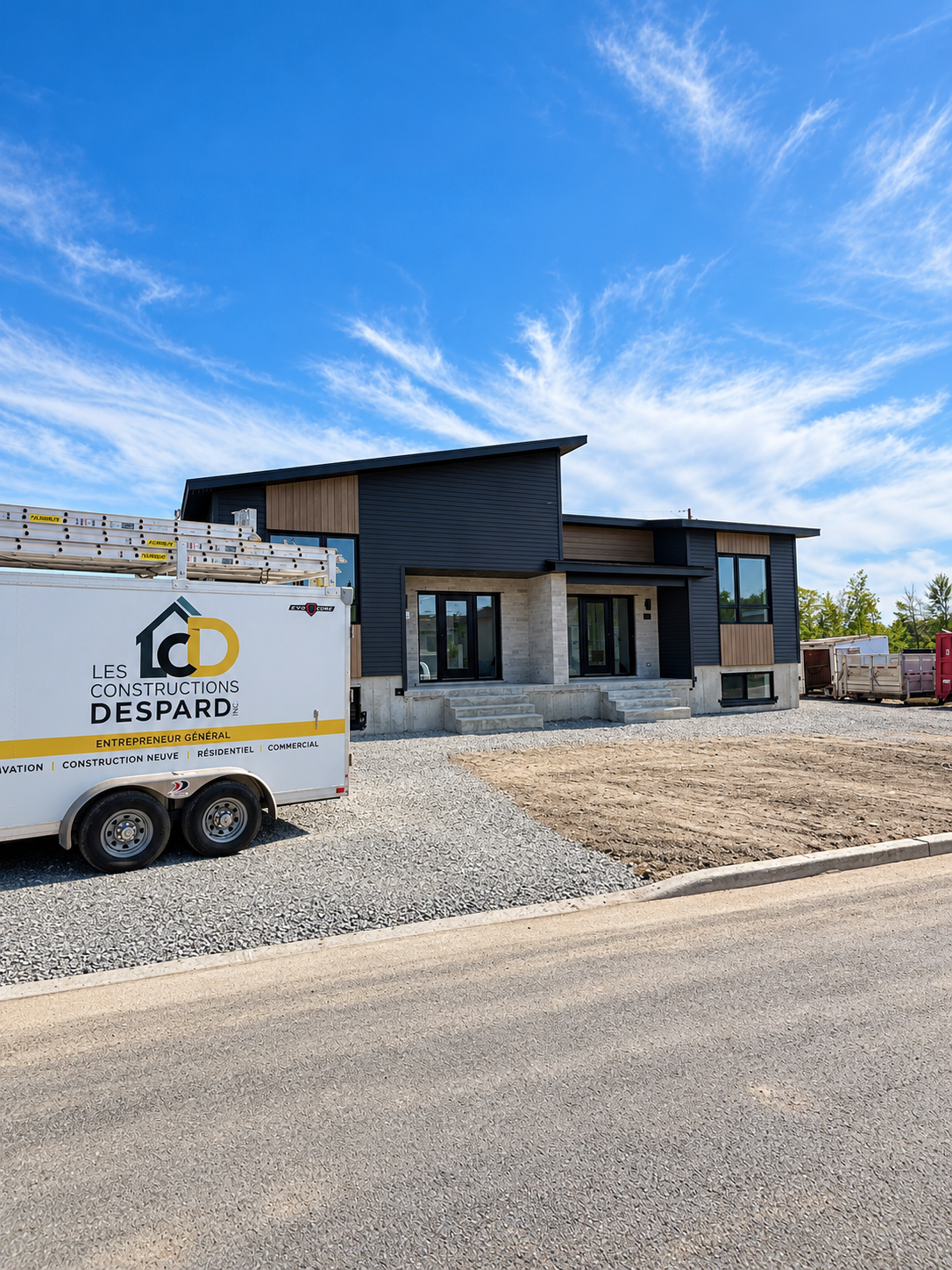 Maison moderne noire en construction, à côté d’une camionnette utilitaire blanche sur un terrain de gravier sous un ciel bleu