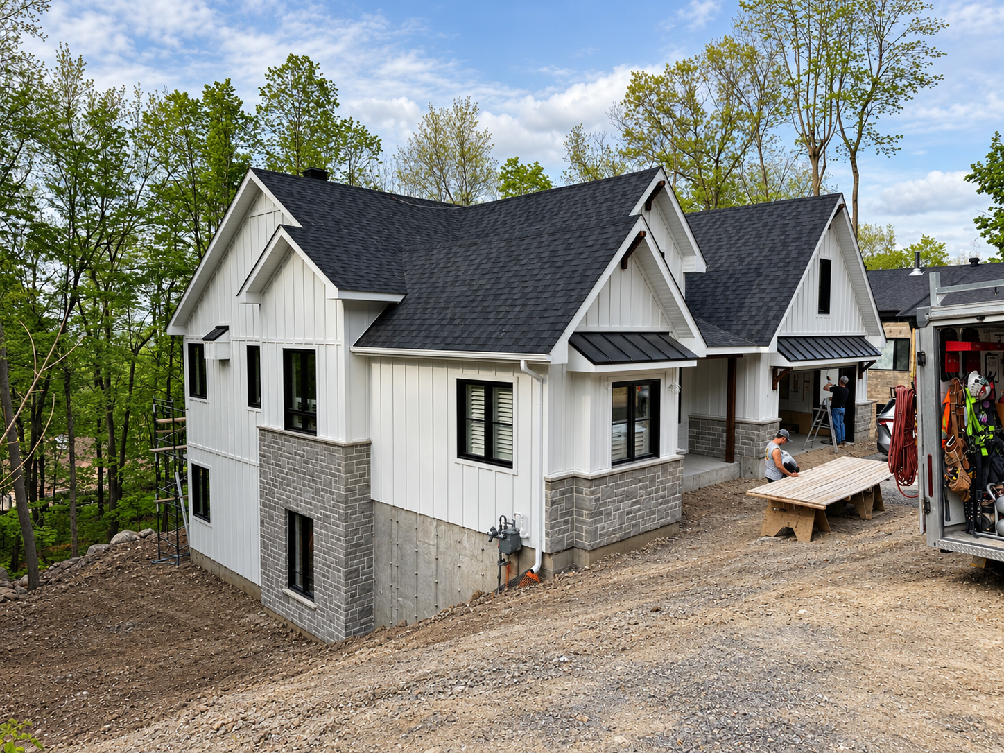 Maison blanche en construction sur un terrain boisé, avec une allée en gravier et des ouvriers à proximité