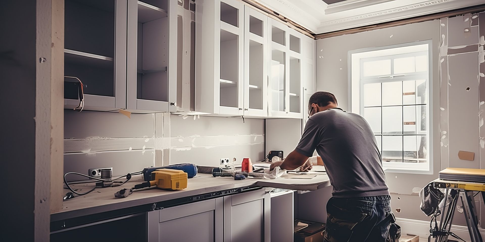 Man remodeling a kitchen, working at a countertop with tools and cabinets in view
