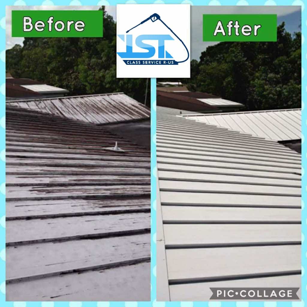 A before and after photo of a metal roof