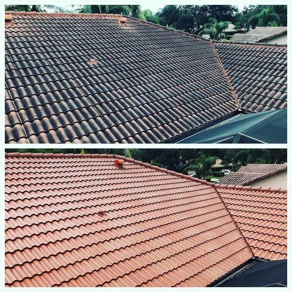 A before and after picture of a tiled roof.