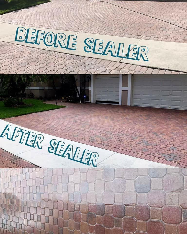 A before and after picture of a driveway with a sealer.