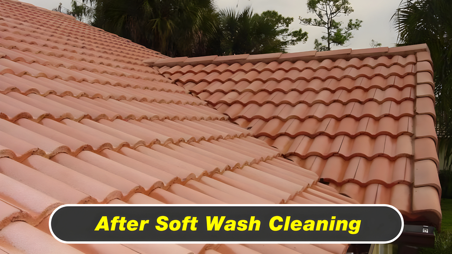 A picture of a roof with the words after soft wash cleaning