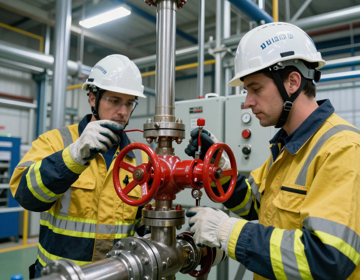 Ingenieros revisando equipos de protección contra incendio en una planta industrial