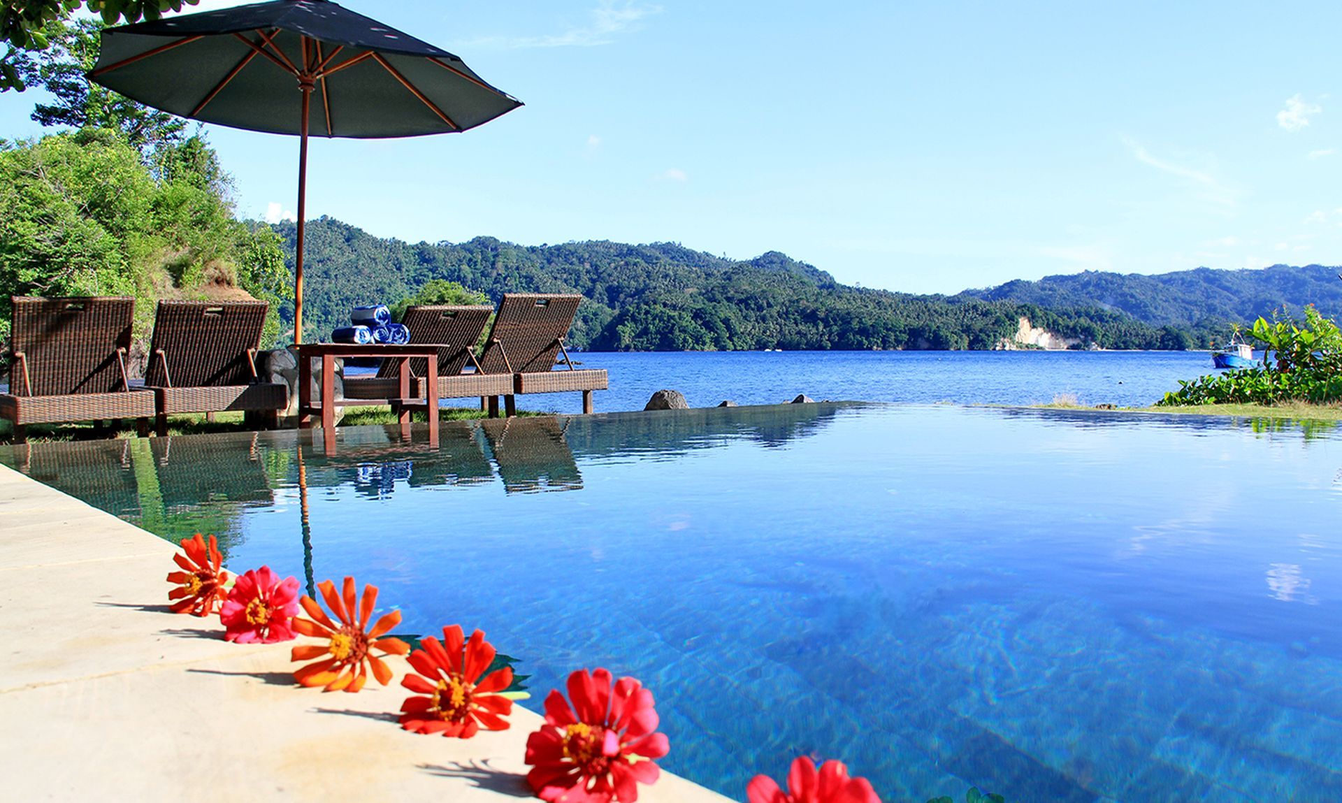 Poolside patio with lounge chairs and umbrella overlooking a calm blue bay and green hills, with red flowers in front