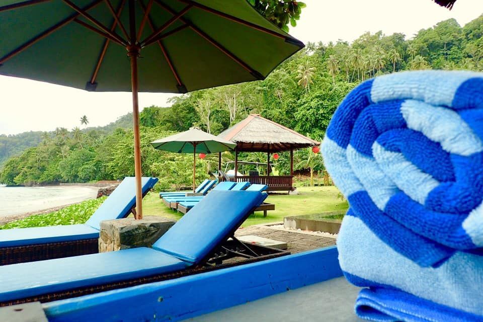Blue towels on lounge chairs by a pool under umbrellas, with a green lakeside view in the background