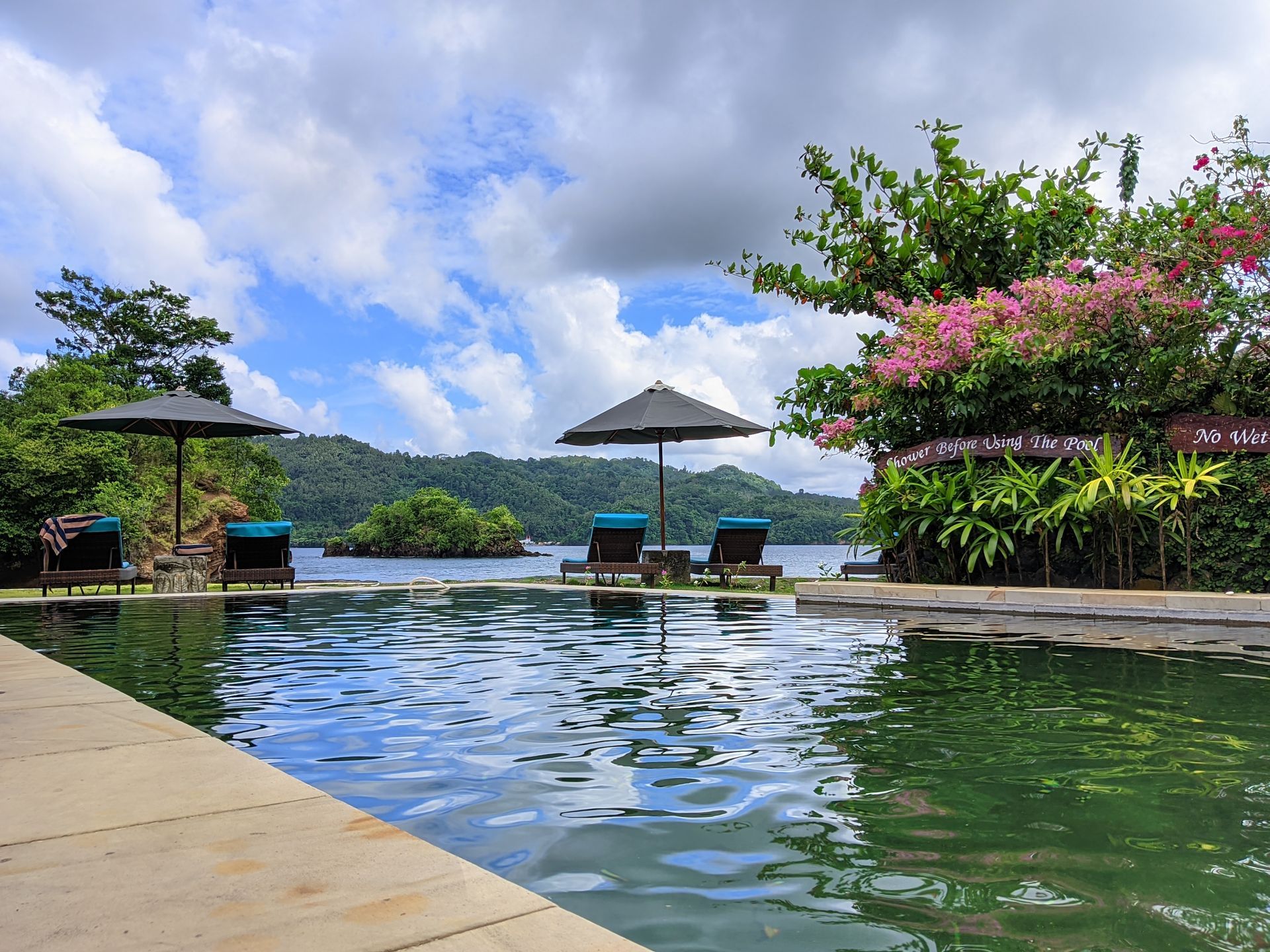 Infinity pool overlooking tropical bay with lounge chairs, umbrellas, and pink flowers under a cloudy sky