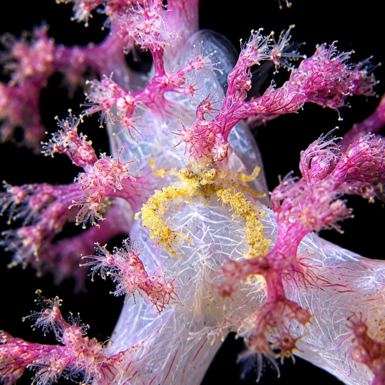 Pink and yellow coral polyps on a translucent white reef structure against a black background