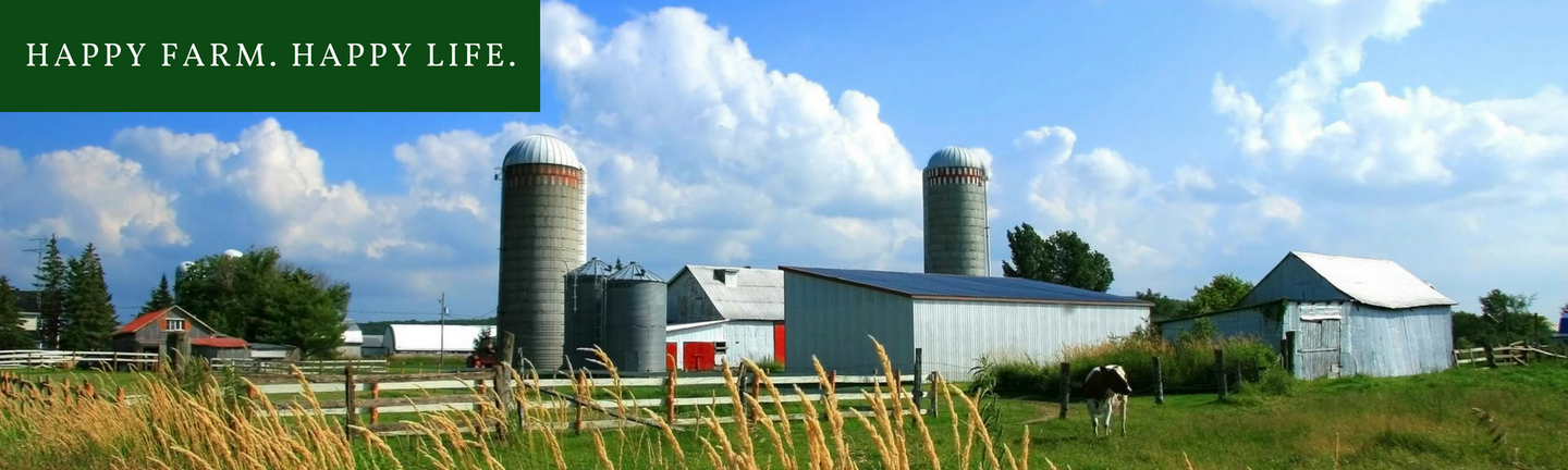 A picture of a farm with the caption happy farm happy life