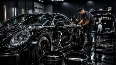 Black sports car being washed in a dark detailing garage, with water and soap covering the body.