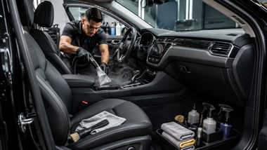 Detailer vacuuming and cleaning a black car interior with supplies on the passenger seat