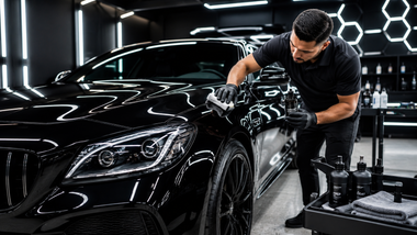 Detailer polishing a black sports car in a modern garage with bright hexagon lights