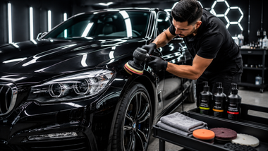 Detailer polishing a black car in a garage with cleaning supplies nearby