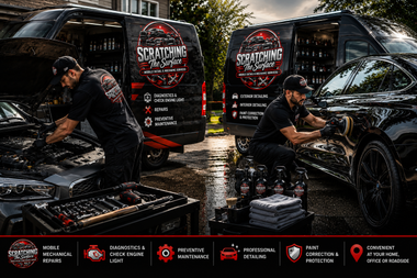 Two workers unloading bottled water from black delivery vans in a wet outdoor lot