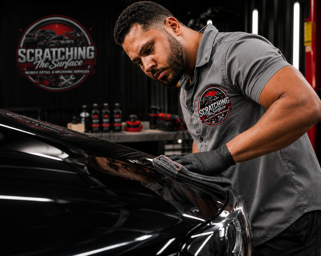 Detailer polishing a black car in a workshop, wearing gray uniform and gloves