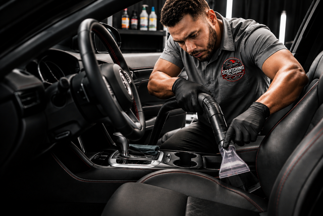 Detailer cleaning a black car interior with a brush and vacuum in a workshop