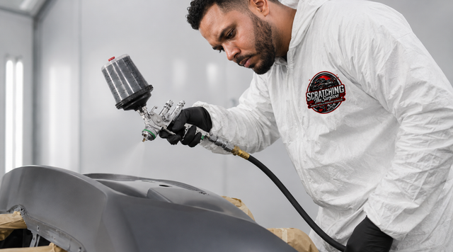 Technician in white coveralls spray-painting a car panel with a paint gun in a workshop