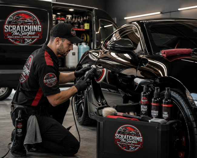 Detailer polishing a black car in a glossy auto shop, with Scratching & Polishing branding visible nearby