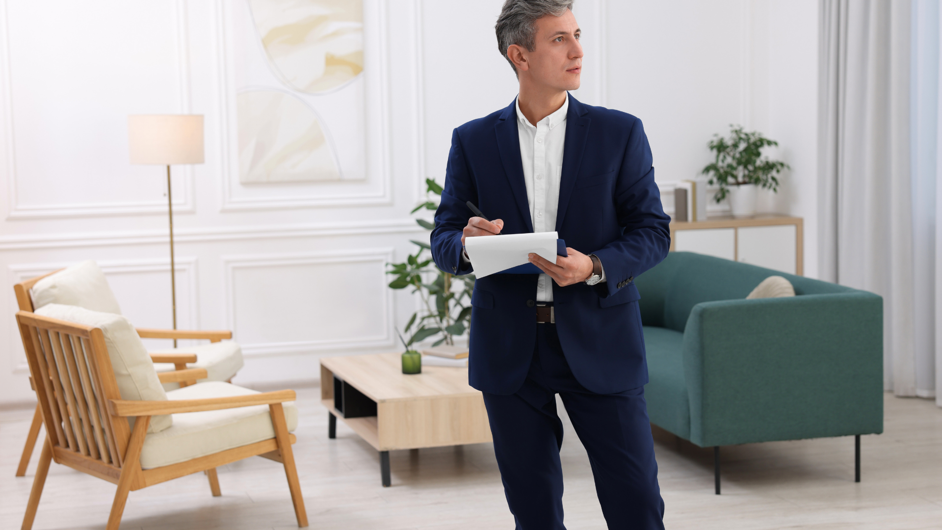 Man in a blue suit holding a tablet, standing in a well-lit living room.