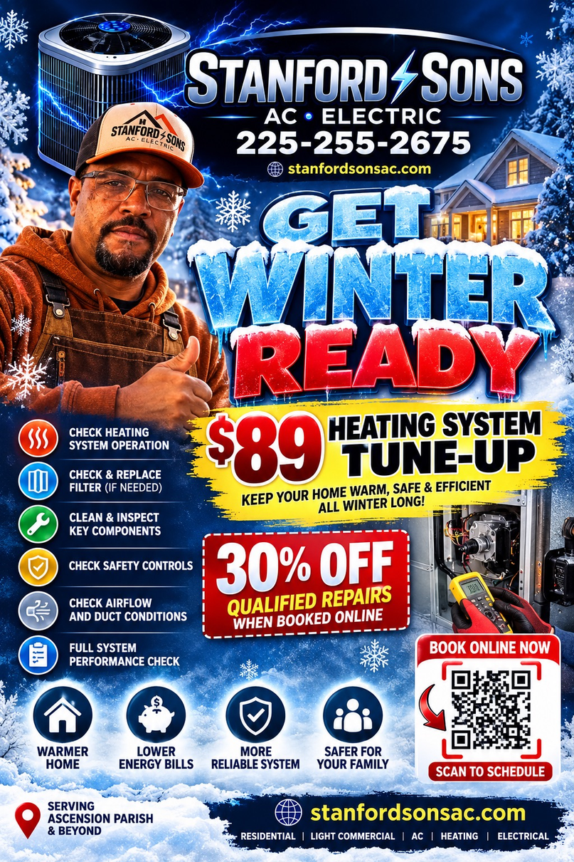 Stanford & Sons HVAC winter promo with technician, $89 tune-up, 30% off, and contact info.