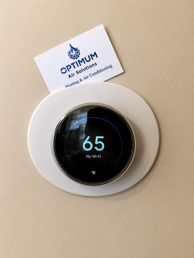 Round white wall thermostat with blue display reading 65, beneath an Optimum business card.