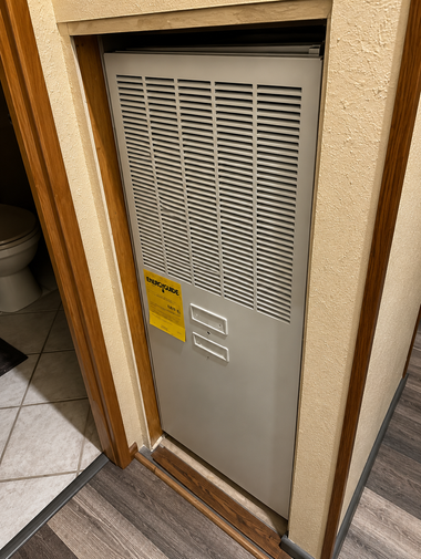 Gray wall heater with vented grille and warning label in a hallway doorway