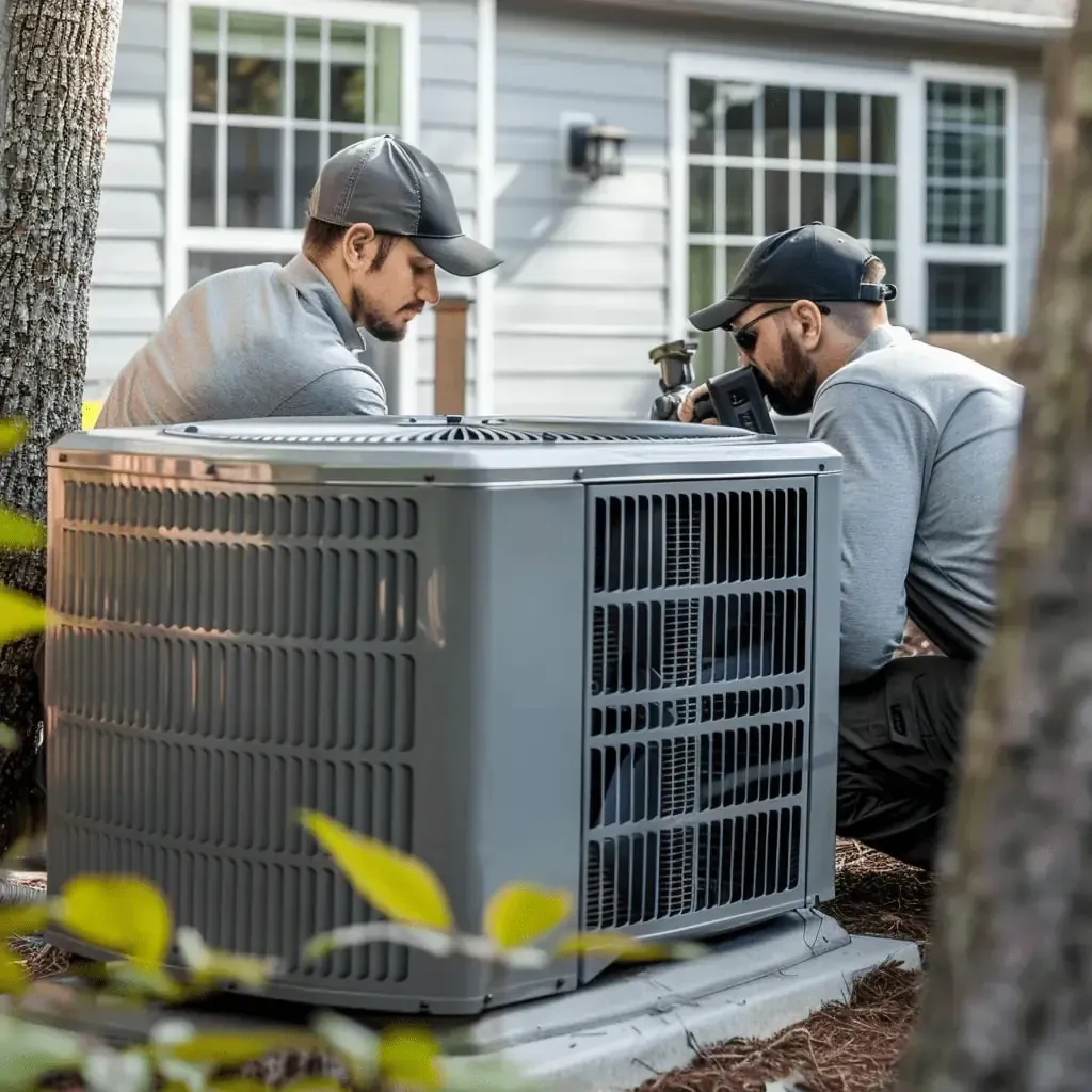 Two technicians inspect an outdoor HVAC unit beside a house.