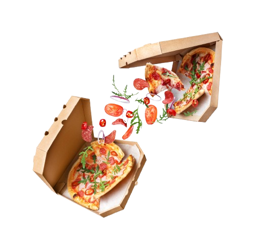 Tre fette di pizza cadono da una scatola di cartone.