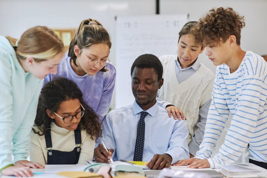 Teacher preparing school kids